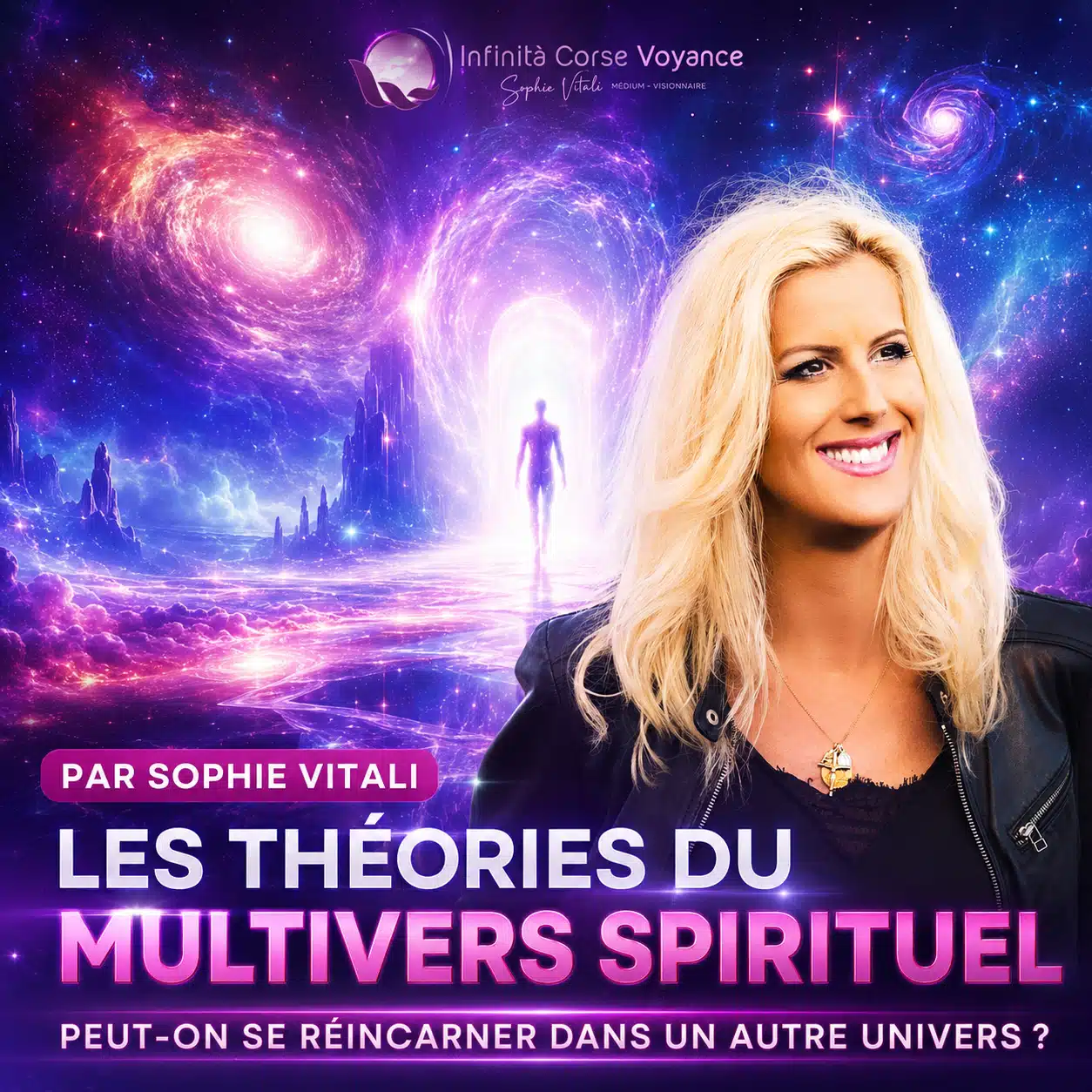 Sophie Vitali devant un portail cosmique illustrant la réincarnation dans un autre univers et les théories du multivers spirituel
