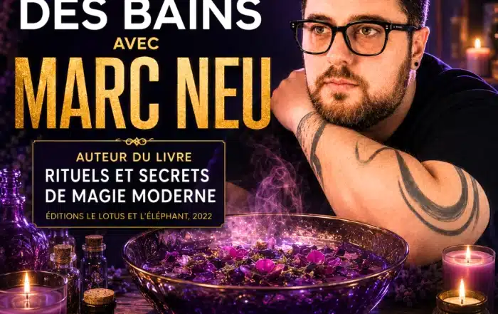 Marc Neu devant un bain spirituel de purification aux plantes, fleurs et bougies, présentant neuf rituels de bains magiques.