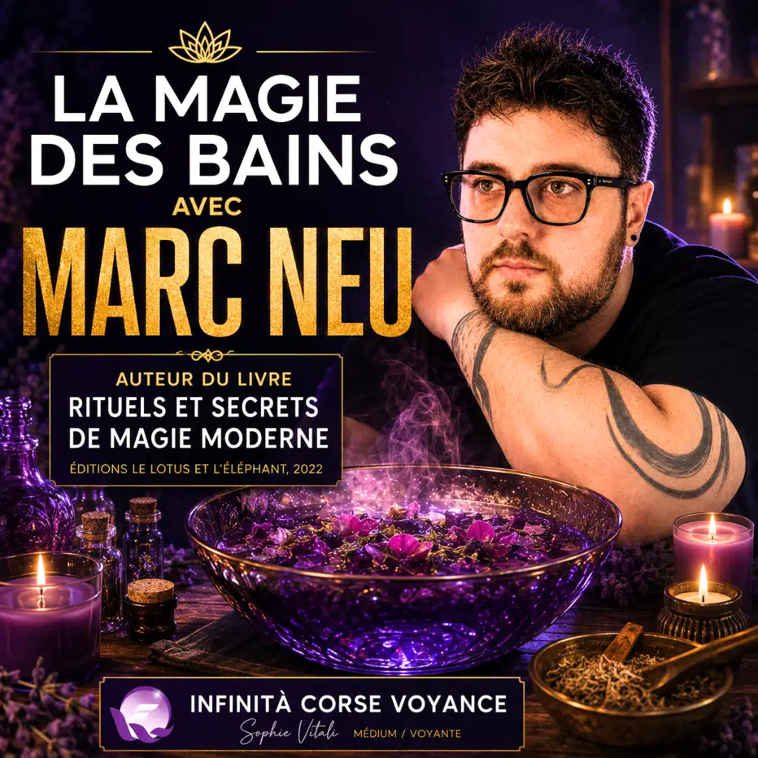 Marc Neu devant un bain spirituel de purification aux plantes, fleurs et bougies, présentant neuf rituels de bains magiques.
