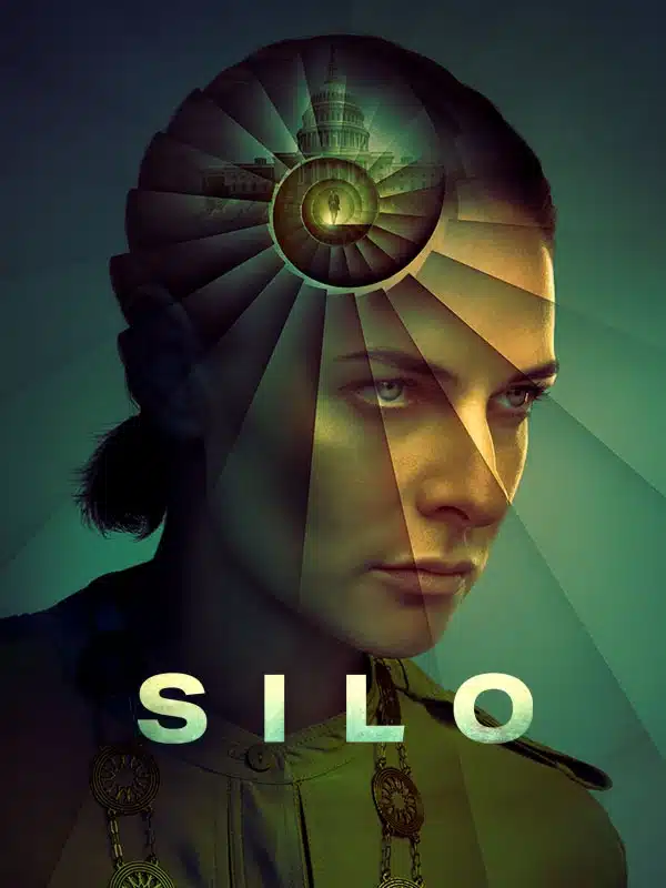 Affiche officielle de la série Silo sur Apple TV avec Rebecca Ferguson et l’escalier en spirale du silo.