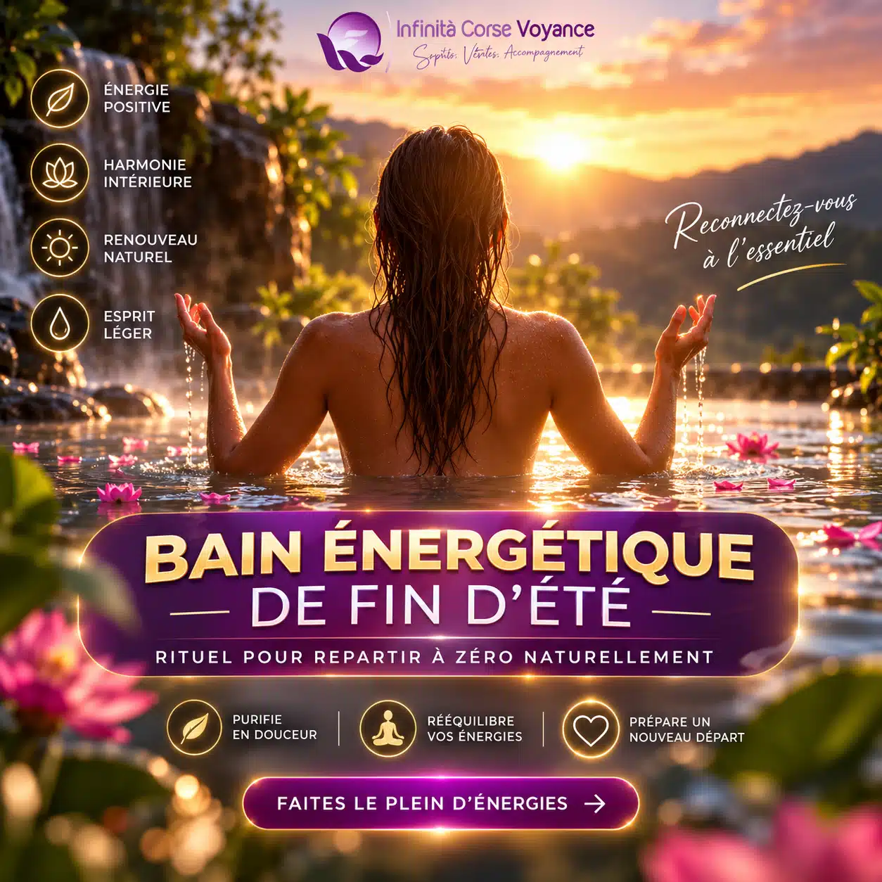 Femme dans l’eau au coucher du soleil illustrant un bain énergétique de fin d’été, rituel naturel de purification et de renouveau.