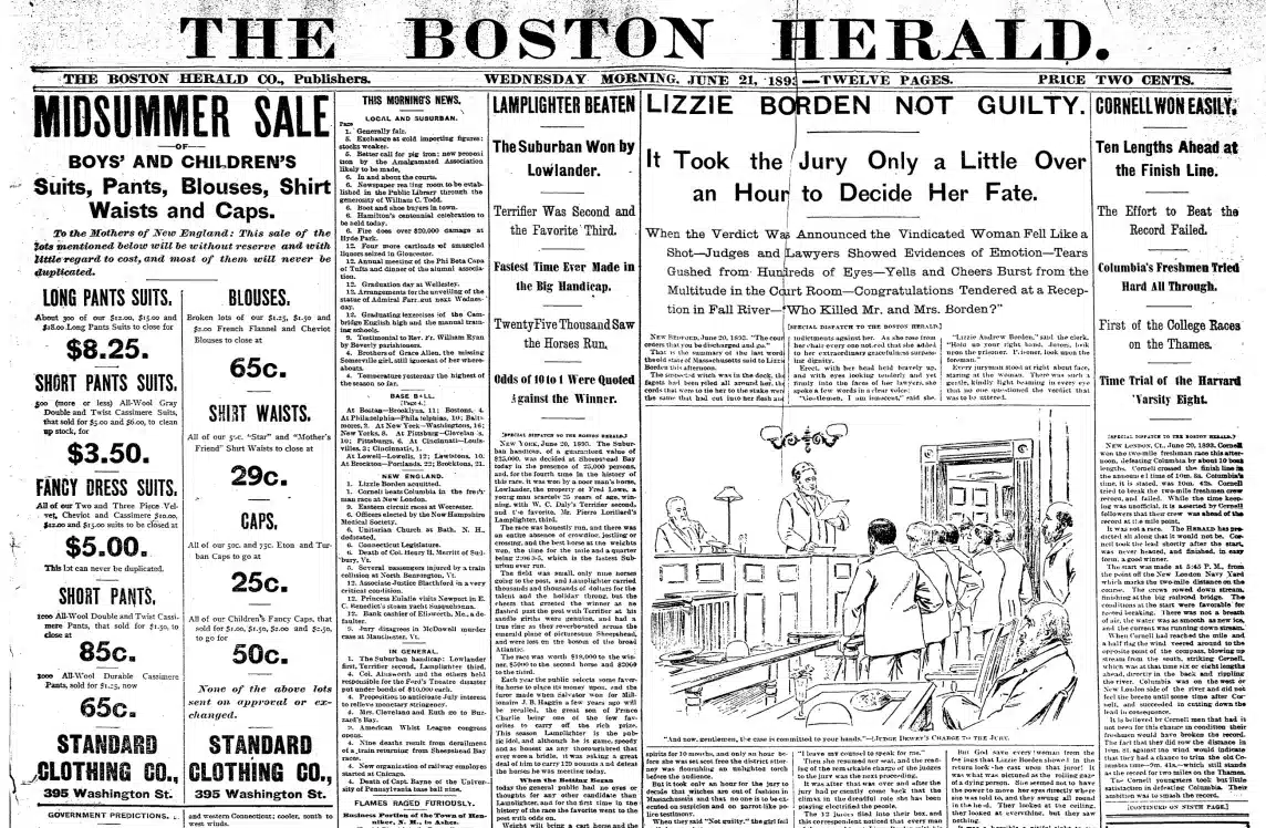 Une du Boston Herald du 21 juin 1893 annonçant le verdict « Lizzie Borden Not Guilty » après son procès